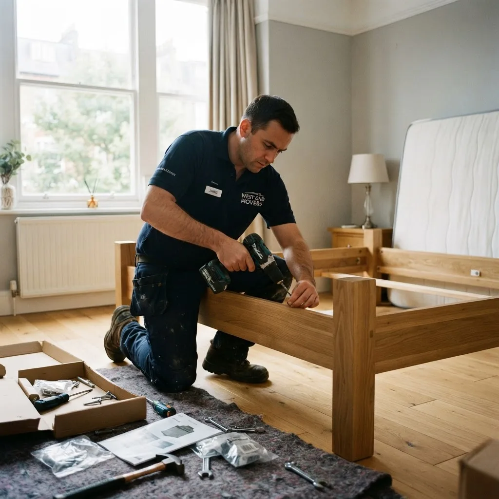 Mover assembling a bed frame in a bedroom