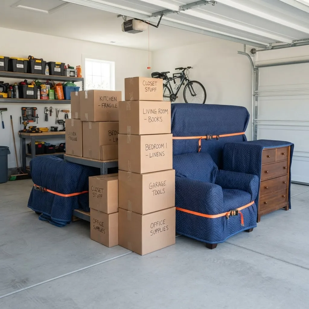 Organized garage with labeled boxes and furniture