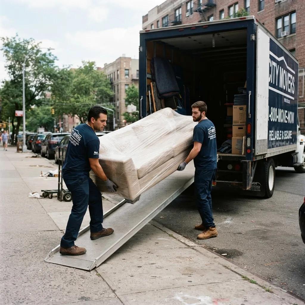Crew loading wrapped furniture into the truck